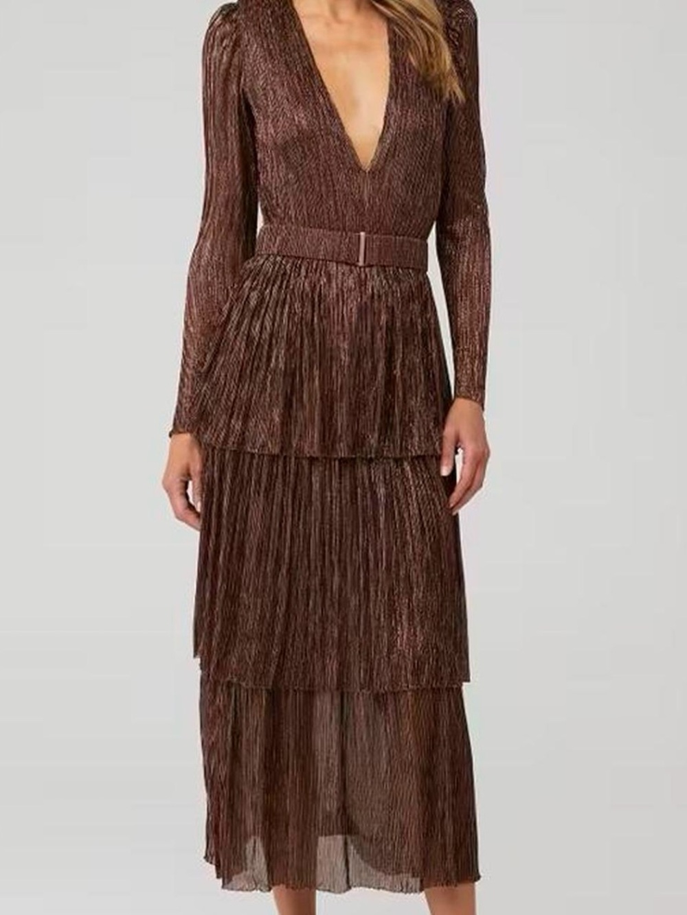 Sabina Musayev Carry Shimmer Metallic Tiered Belted Dress